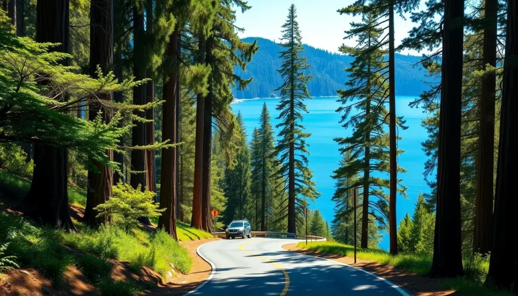 Scenic drive to Blue Lake Mendocino County California with redwood trees lining the road