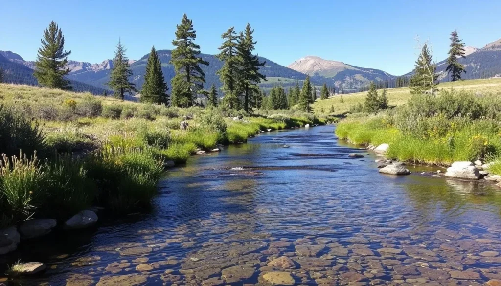 Scenic fishing spot along a stream near Sunlight Mountain in summer
