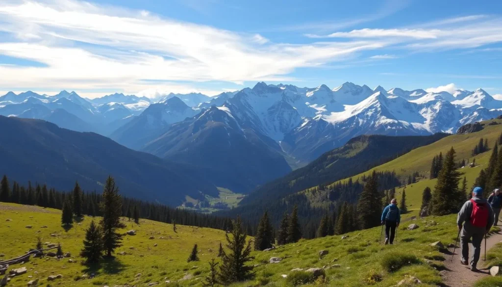 Scenic high-altitude terrain of Vail, Colorado, on a crisp, clear day. Rugged snowcapped peaks in the distance, with lush alpine meadows and evergreen forests in the foreground. Sunlight filters through wispy clouds, casting a warm glow across the landscape. Experienced hikers in appropriate gear navigate the trails, mindful of the thin air and potential hazards. A tranquil, awe-inspiring scene that captures the beauty and challenges of Vail's mountainous wilderness.