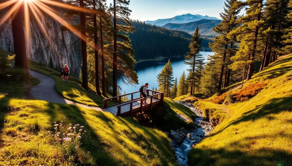Scenic hiking trails wind through lush pine forests, flanking the serene waters of Lake Medard in Czechia. Towering cliffs and rolling hills frame the picturesque landscape, bathed in warm, golden sunlight filtering through the canopy. Hikers traverse well-maintained paths, stopping to admire the breathtaking vistas of the lake and its surrounding natural beauty. In the foreground, wildflowers dot the forest floor, while the middle ground features a wooden footbridge crossing a trickling stream. The background showcases the distant mountains, their peaks capped with snow. The overall scene exudes a sense of tranquility and adventure, inviting visitors to immerse themselves in the peaceful splendor of this scenic hiking destination.
