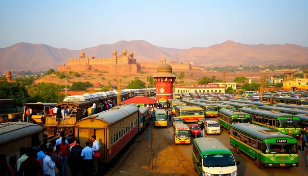 Scenic landscape of Jhansi, India, with various modes of transportation in the foreground and middle ground. In the foreground, depict a bustling train station with passengers boarding and disembarking from the trains. In the middle ground, show a busy bus terminal with colorful local buses and taxis ferrying people. In the background, showcase the majestic Jhansi Fort and the rolling hills surrounding the city, bathed in warm, golden sunlight. Capture the vibrant energy and hustle-bustle of this historic city, showcasing the diverse transport options available to visitors.