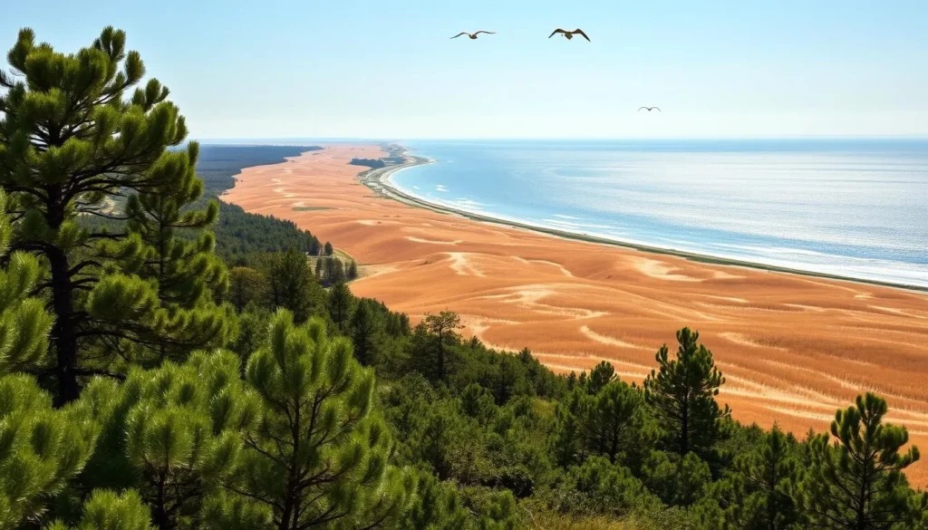 Scenic landscape of the Curonian Spit, a narrow, wind-swept sand dune peninsula along the Baltic Sea. Lush green pine forests in the foreground, with sun-dappled golden sand dunes rolling towards the horizon. In the distance, the shimmering blue waters of the lagoon reflect the clear sky. Seabirds soar overhead, casting shadows on the undulating terrain. Capture the timeless beauty and tranquility of this UNESCO World Heritage site, with its unique natural and cultural heritage.