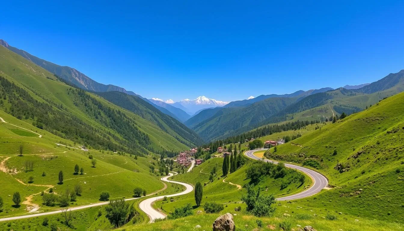 Scenic mountain road leading to Chitlang village with lush green hills in the background