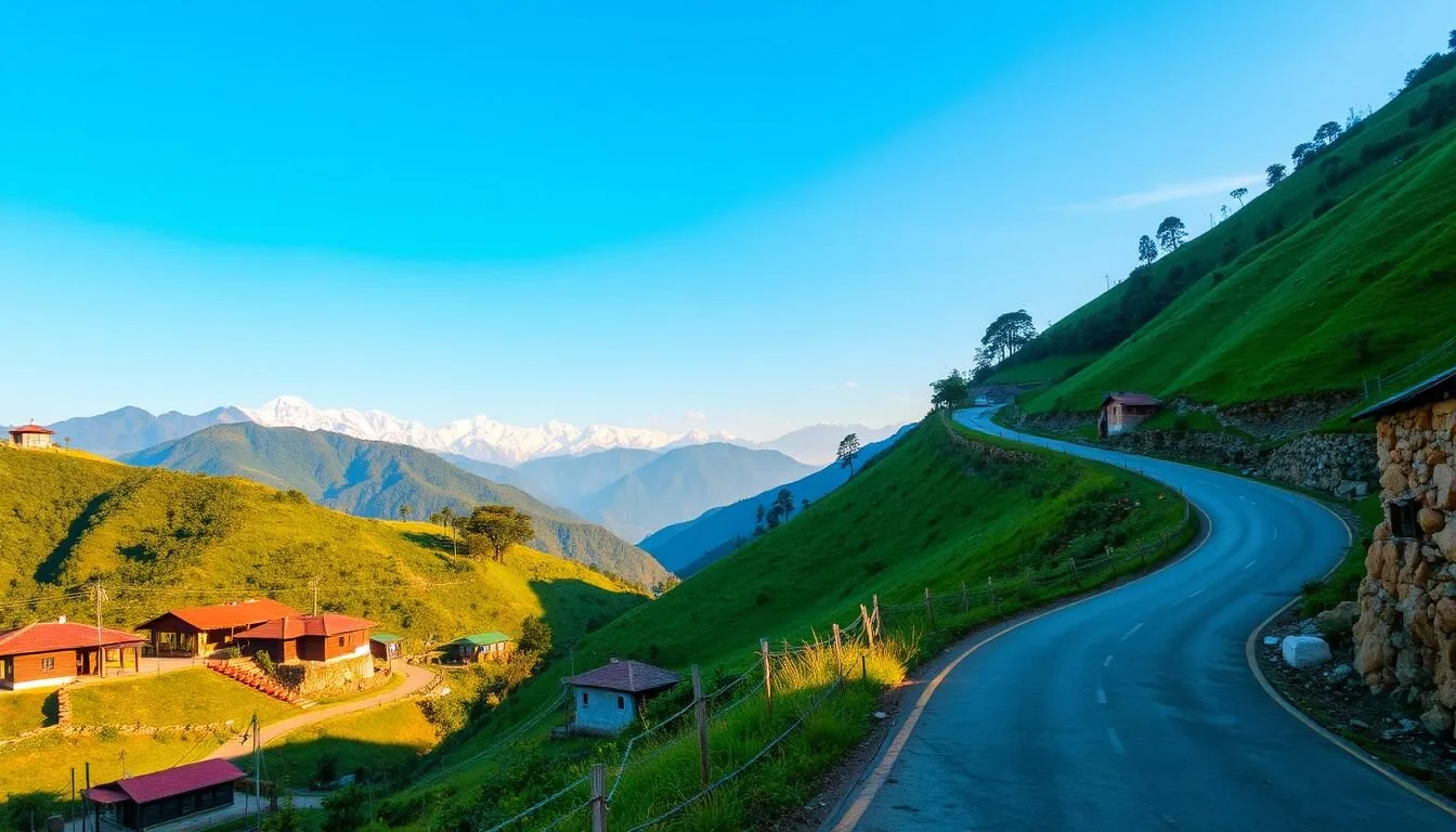Scenic mountain road leading to Dhulikhel, Nepal with Himalayan peaks visible in the background