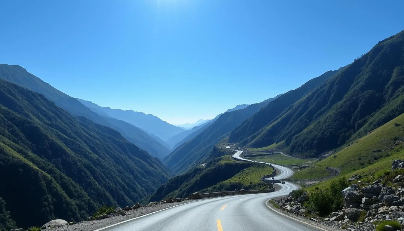 Scenic mountain road leading to Kaghan Valley, Pakistan with lush green mountains and clear blue sky