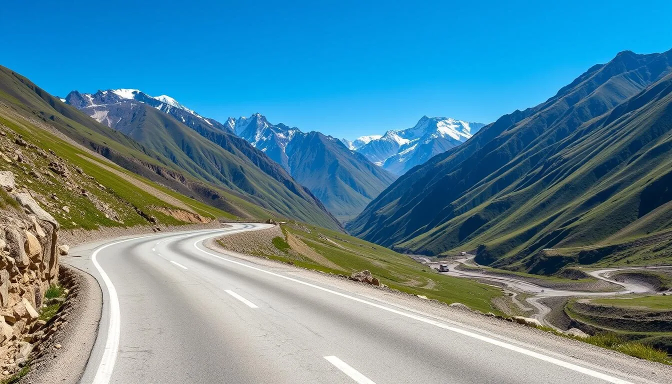Scenic mountain road leading to Neelam Valley, Pakistan with lush green mountains and clear blue sky