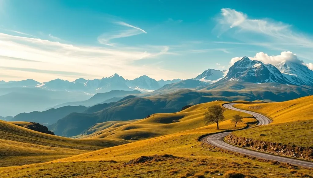 Scenic mountain roads of Nordland, Norway on a bright, sunny day. Rolling hills and lush green meadows in the foreground, with majestic snow-capped peaks rising in the distance. The road winds gracefully through the landscape, offering breathtaking vistas at every turn. Sunlight filters through wispy clouds, casting a warm, golden glow over the scene. The image should be captured with a wide-angle lens to showcase the grandeur of the surroundings, with a shallow depth of field to draw the viewer's eye along the curving road. Convey a sense of tranquility and awe-inspiring natural beauty.