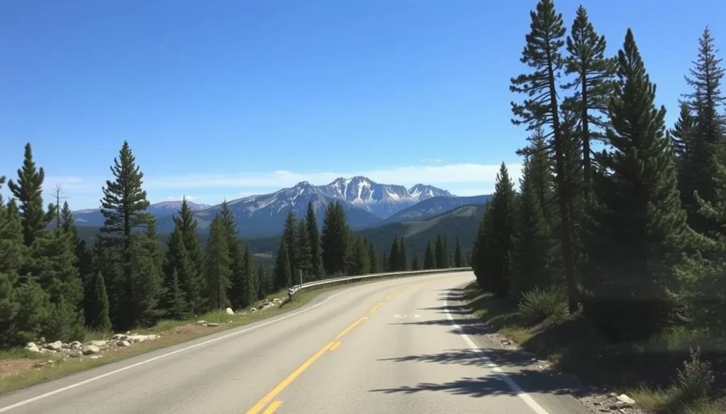 Scenic road leading to Sunlight Mountain with mountain views in the background