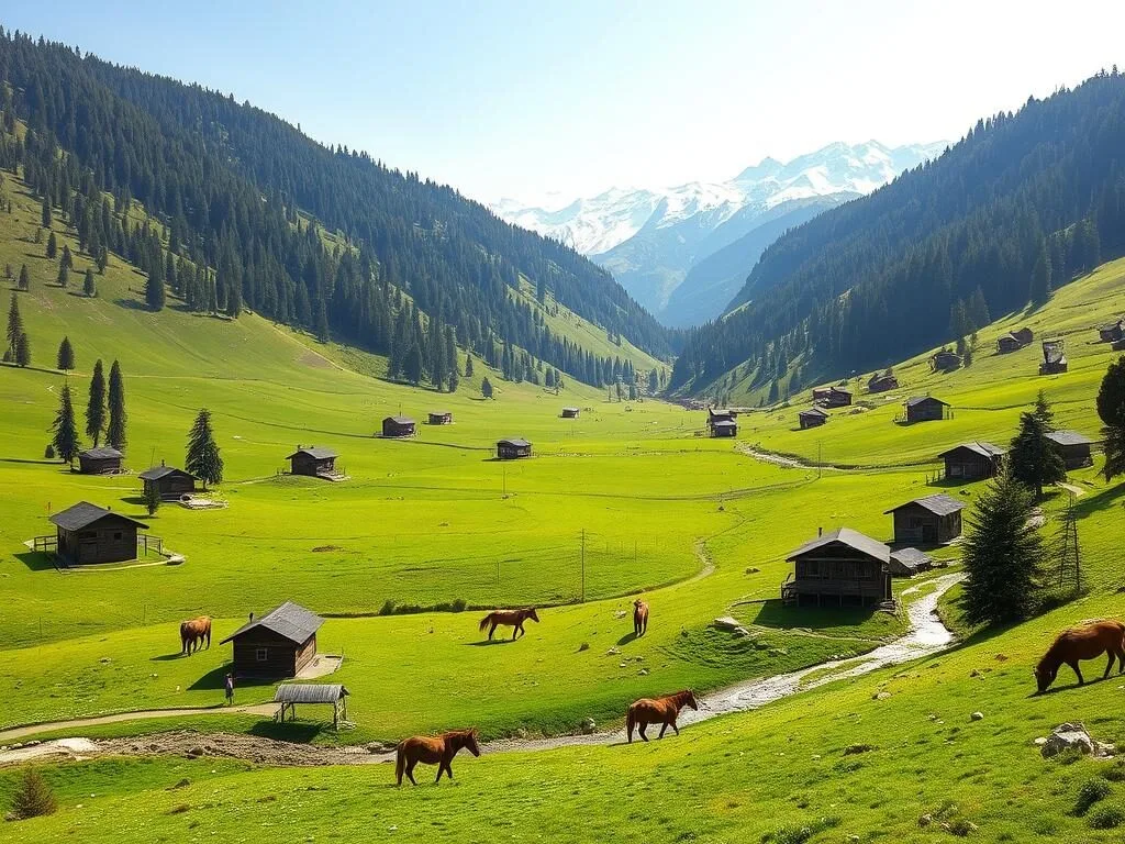 Scenic view of Aru Valley with green meadows, wooden houses and snow-capped mountains