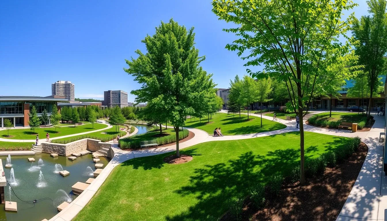 Scenic view of Downtown Cary Park with water features and green spaces on a beautiful sunny day
