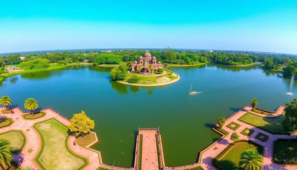 Scenic view of Durga Sagar pond with its central island and surrounding greenery