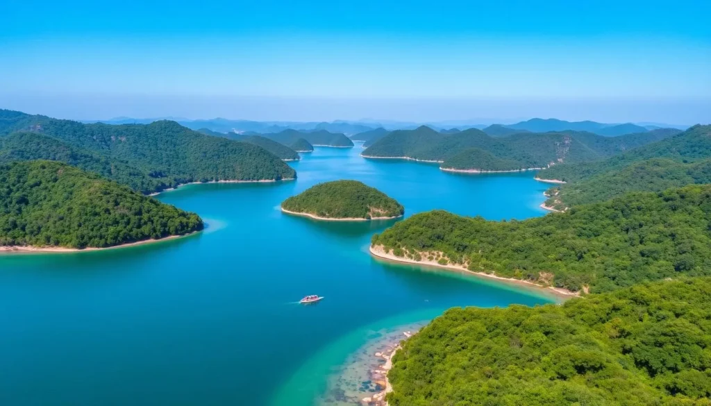 Scenic view of Foy's Lake surrounded by lush green hills