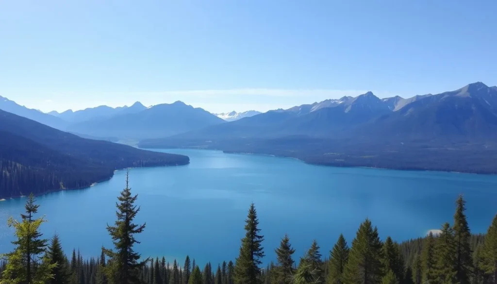 Scenic view of Grande Cache Lake with surrounding mountains