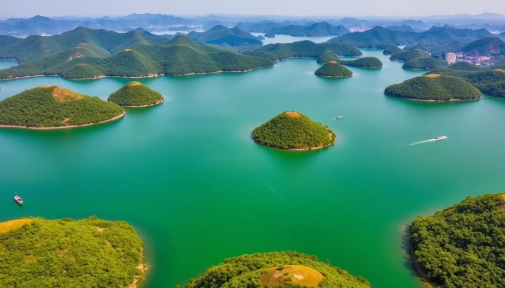 Scenic view of Kaptai Lake with emerald-green waters surrounded by hills