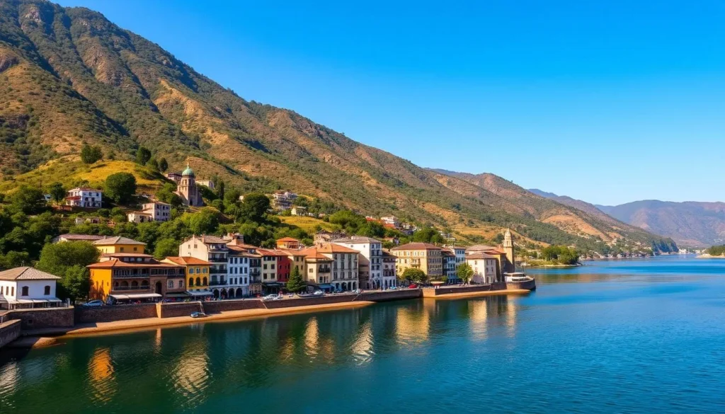 Scenic view of Lavasa city with colorful buildings along the lakefront surrounded by hills Scenic view of Lavasa city with colorful buildings along the lakefront surrounded by hills