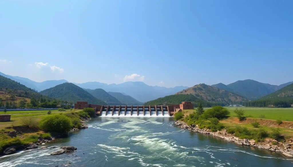 Scenic view of Marala Headworks with water, greenery and mountains in background