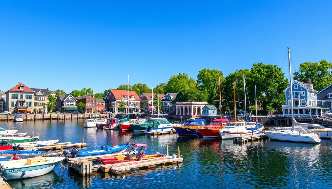 Scenic view of Saugatuck harbor with boats docked along the Kalamazoo River on a sunny day