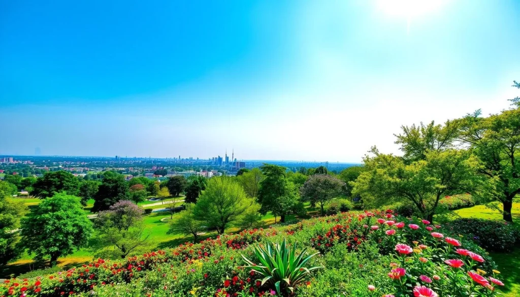Scenic view of Sialkot during spring season with blooming gardens and clear skies
