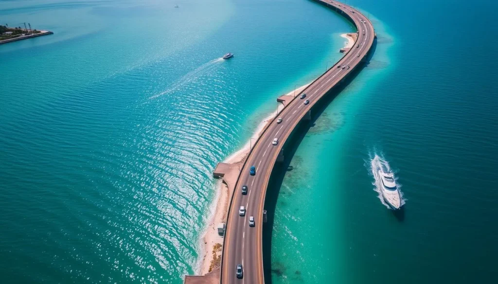 Scenic view of the Overseas Highway connecting the Florida Keys with turquoise waters on both sides Scenic view of the Overseas Highway connecting the Florida Keys with turquoise waters on both sides