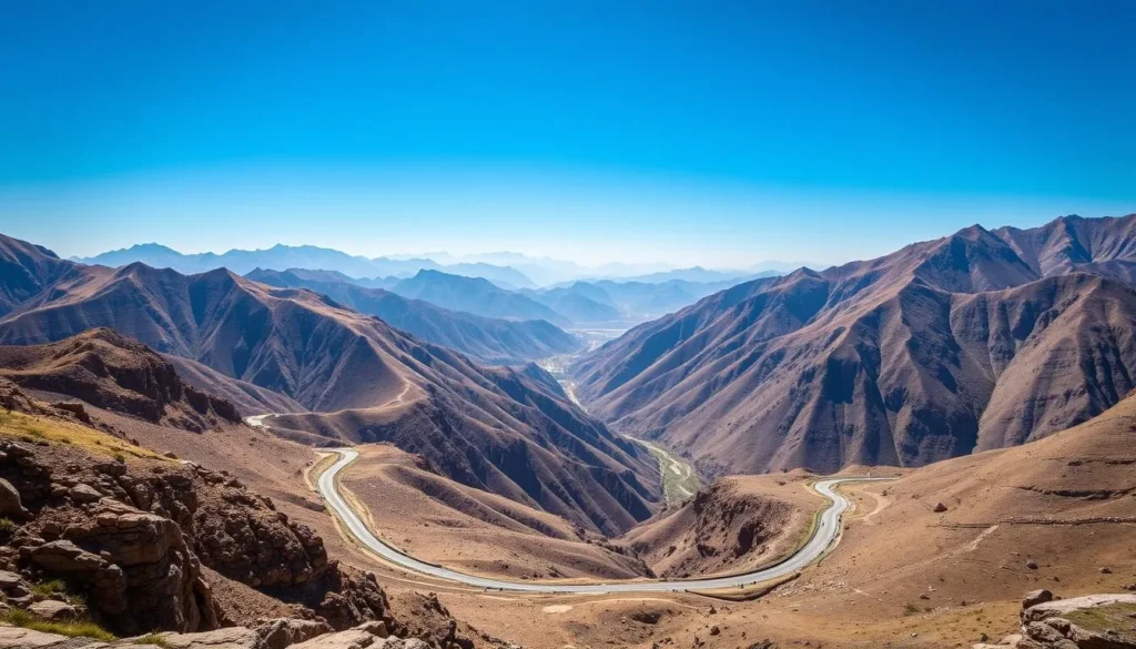 Scenic view of the historic Khyber Pass with mountains and road