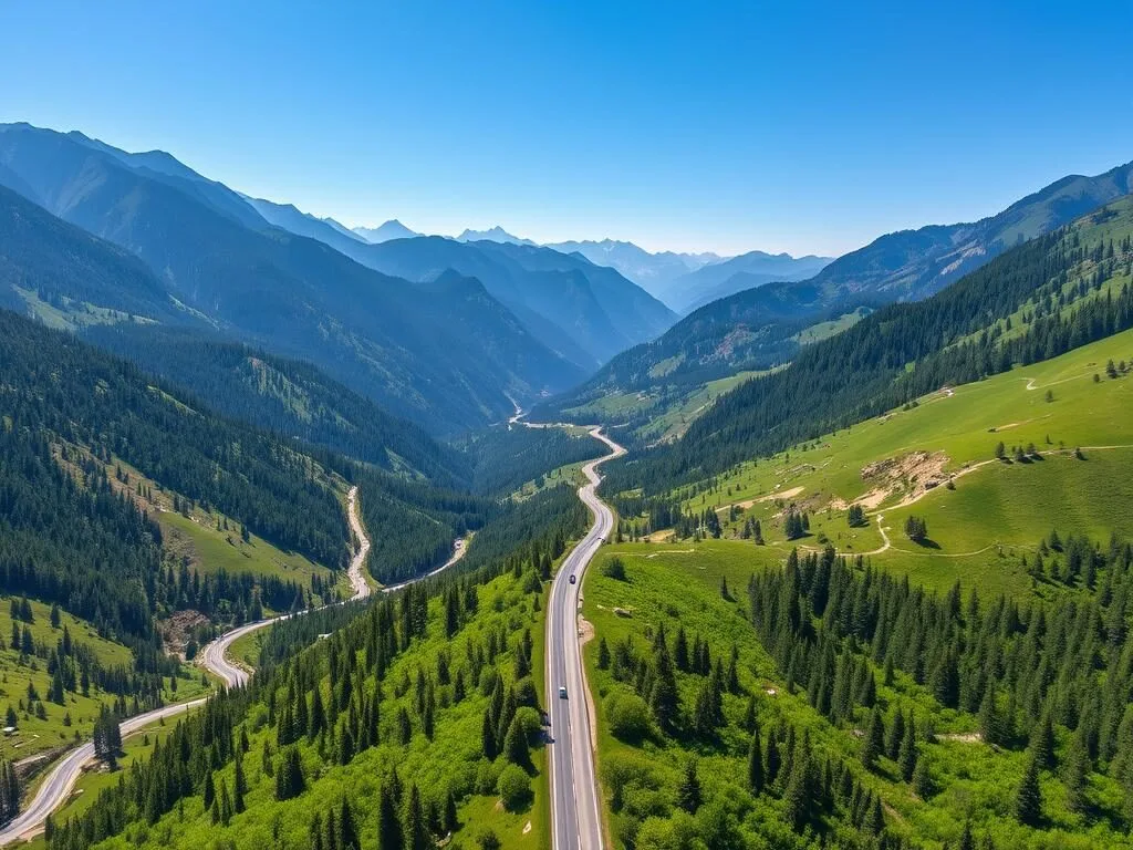 Scenic view of the winding Jammu-Srinagar Highway with mountains in the background Scenic view of the winding Jammu-Srinagar Highway with mountains in the background