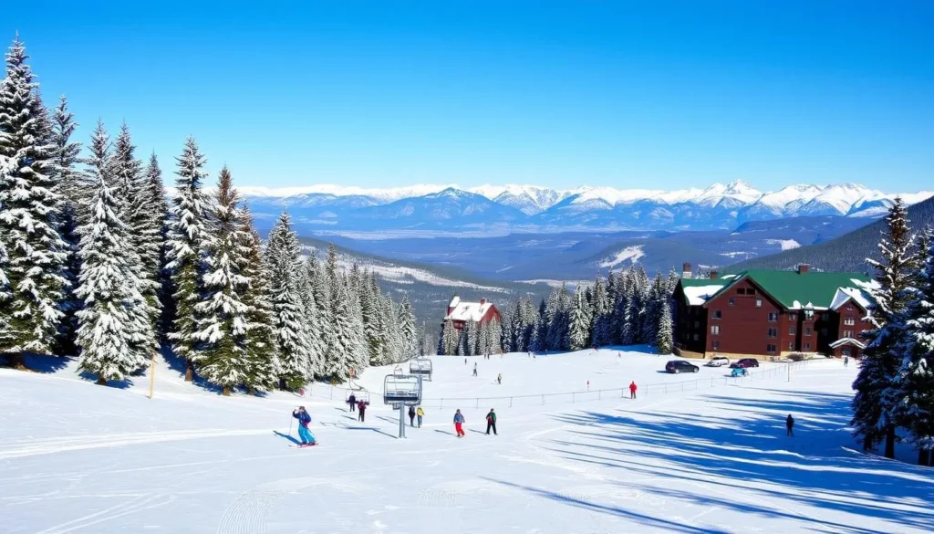 Schweitzer Mountain Resort in Sandpoint Idaho with skiers on slopes Schweitzer Mountain Resort in Sandpoint Idaho with skiers on slopes