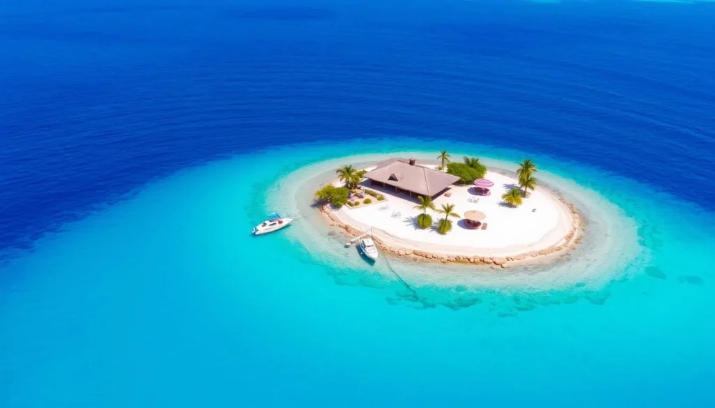 Scilly Cay island with its restaurant and surrounding turquoise waters