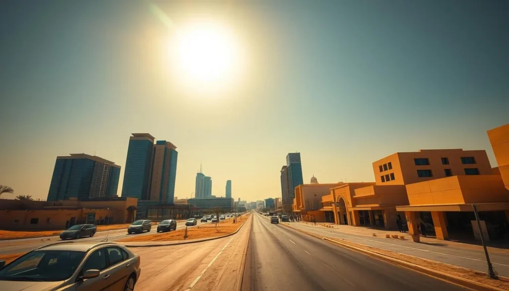 Scorching desert landscape under a blazing midday sun, shimmering heat waves distorting the horizon. In the foreground, a sun-baked city street, with cars and pedestrians seeking refuge in the sparse shadows. Vibrant hues of beige, ochre, and terracotta dominate the scene, reflecting the arid climate. Towering skyscrapers and traditional architecture rise in the middle ground, their glass facades reflecting the intense sunlight. In the background, a cloudless azure sky, emphasizing the relentless nature of the Abu Dhabi summer. Crisp, high-contrast lighting captures the harsh, unyielding atmosphere of the desert metropolis during the hottest months of the year.