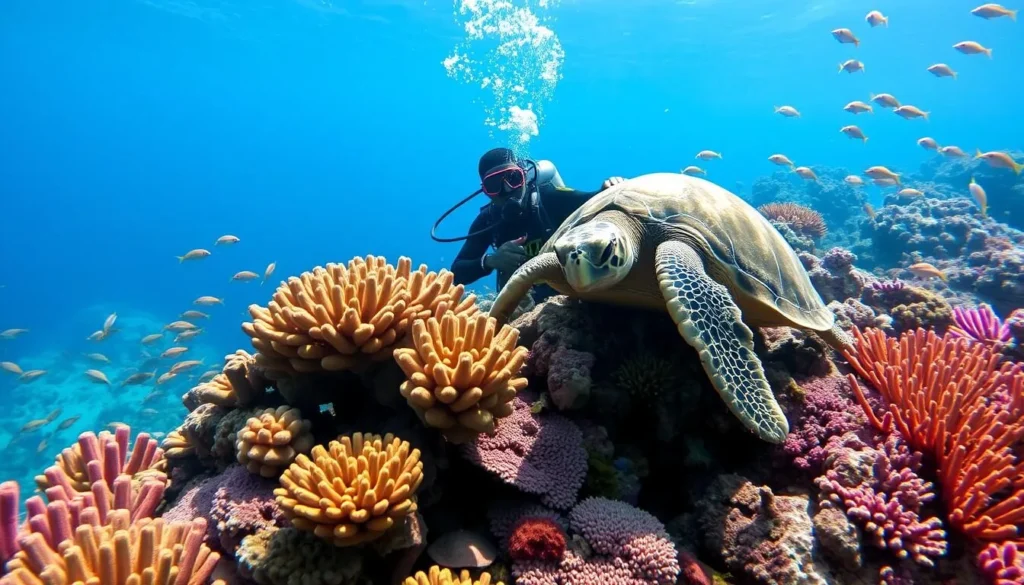 Scuba diver exploring colorful coral reef with sea turtle in Balicasag Island