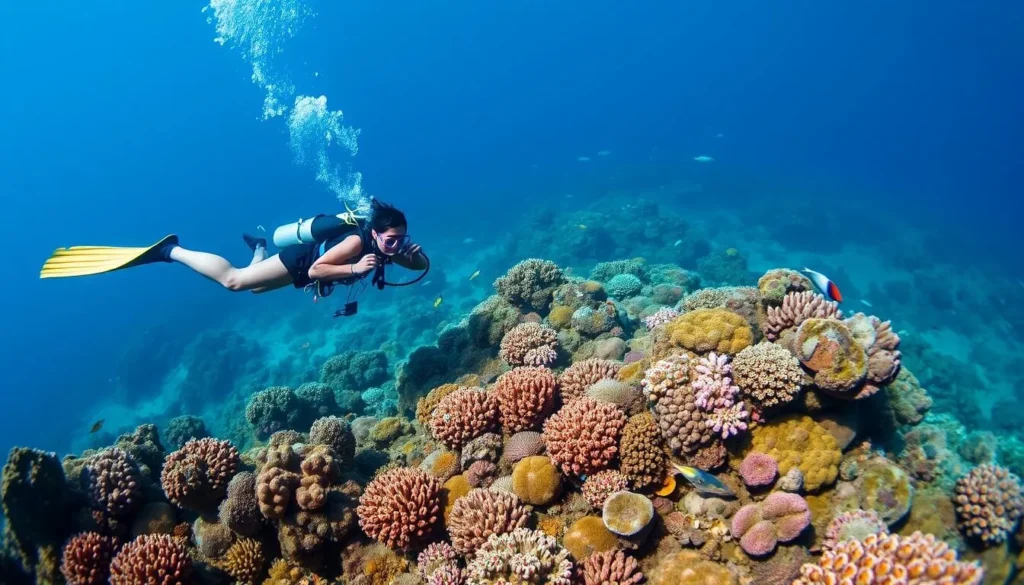 Scuba diver exploring coral reef at Apo Island marine sanctuary
