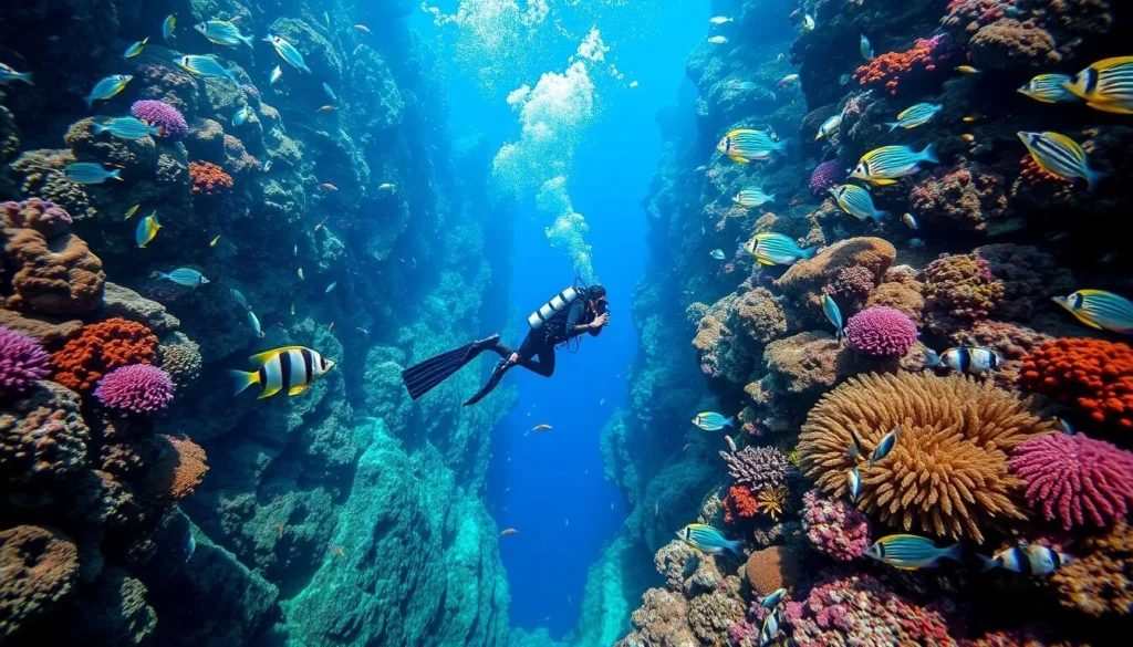 Scuba diver exploring the vibrant coral reef wall at Coconut Point dive site in Apo Island Scuba diver exploring the vibrant coral reef wall at Coconut Point dive site in Apo Island