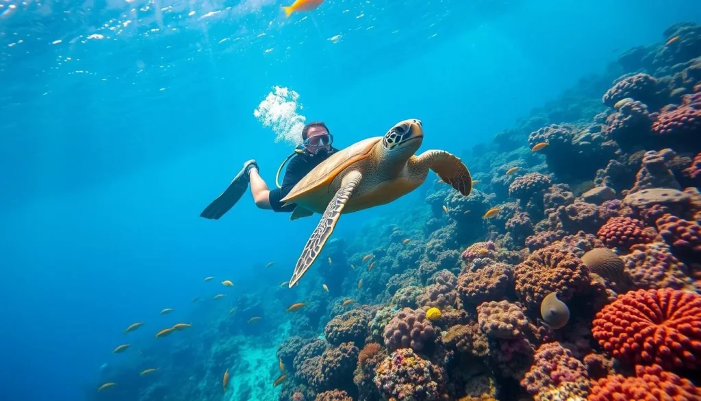 Scuba diver exploring vibrant coral reef with sea turtle in Bohol waters Scuba diver exploring vibrant coral reef with sea turtle in Bohol waters