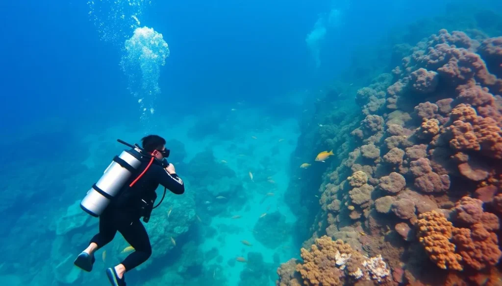 Scuba diving near Mantigue Island Philippines showing divers exploring coral wall Scuba diving near Mantigue Island Philippines showing divers exploring coral wall