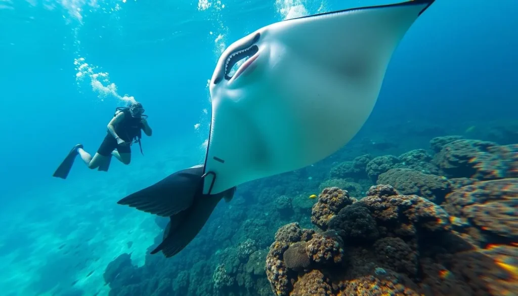 Scuba diving with manta rays near Ishigaki Island in clear blue water Scuba diving with manta rays near Ishigaki Island in clear blue water
