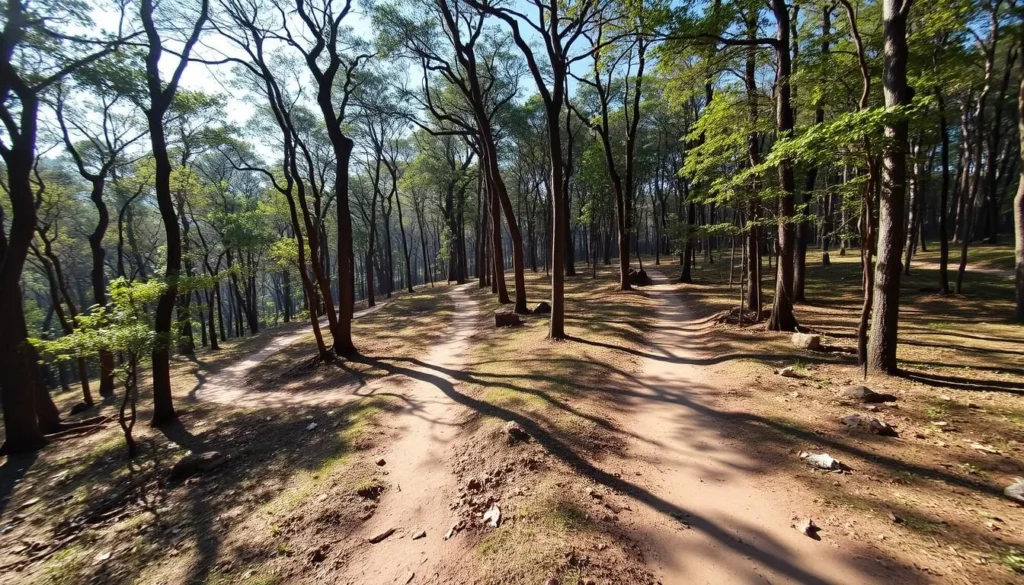 Seasonal landscape of Kadigarh National Park during winter showing clear trails and vibrant forest