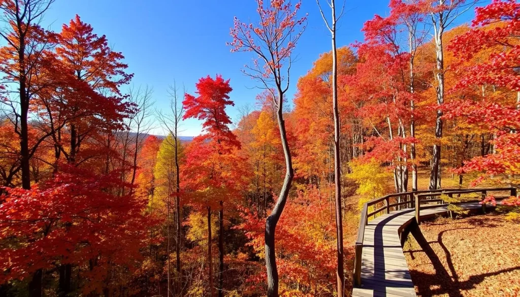 Seasonal view of Hemlock Bluffs Nature Preserve in Cary during autumn with colorful fall foliage