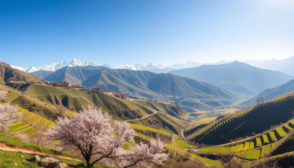 Seasonal view of Hunza Valley in spring with cherry blossoms and snow-capped mountains in the background