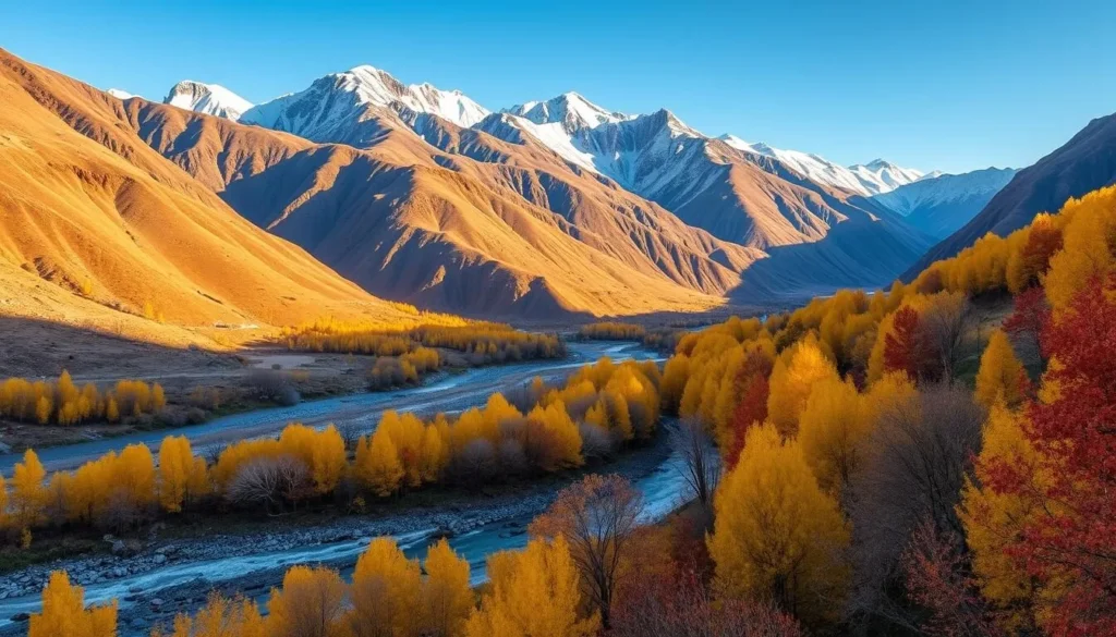 Seasonal view of Skardu showing autumn colors with golden trees along the Indus River