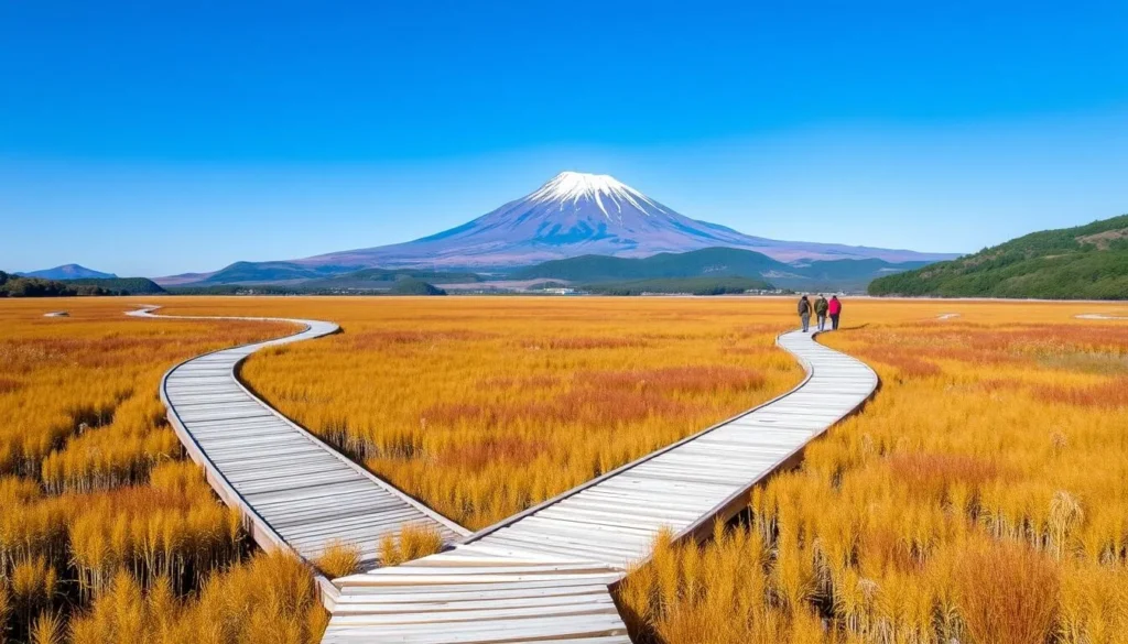 Senjogahara Marshland in Nikko National Park with wooden boardwalk through autumn-colored grasses and Mount Nantai in the background