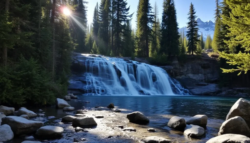 Serene Cameron Falls cascading amidst towering evergreen trees, the crisp mountain air filling the scene. Sunlight filters through the lush foliage, casting a warm glow on the gently flowing water. In the foreground, smooth rocks line the banks, inviting visitors to pause and take in the tranquil beauty. The middle ground reveals the falls themselves, a captivating display of nature's power and grace. The background showcases the majestic Rocky Mountains, their snow-capped peaks standing tall and proud. This picturesque landscape exudes a sense of peace and wonder, perfectly encapsulating the essence of Waterton's natural splendor.