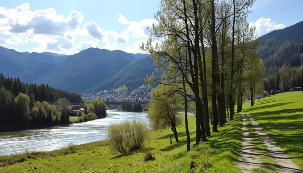 Serene Elbe River Valley, sun-dappled and tranquil. Majestic forested hills rise gently in the distance, their slopes dotted with quaint villages. The river winds lazily, its glimmering surface reflecting the fluffy clouds above. Lush meadows line the riverbanks, inviting leisurely strolls. Tall, slender trees sway in the gentle breeze, casting dappled shadows on the path. A picturesque scene of natural beauty, perfect for savoring the simple pleasures of the outdoors.