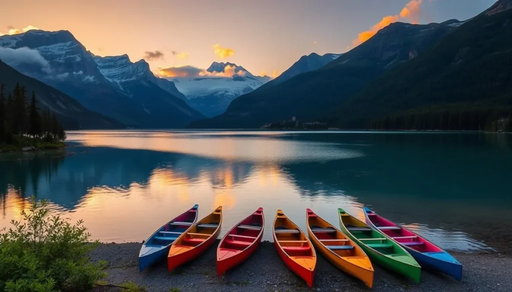 Serene Lake Louise with canoes on the shore