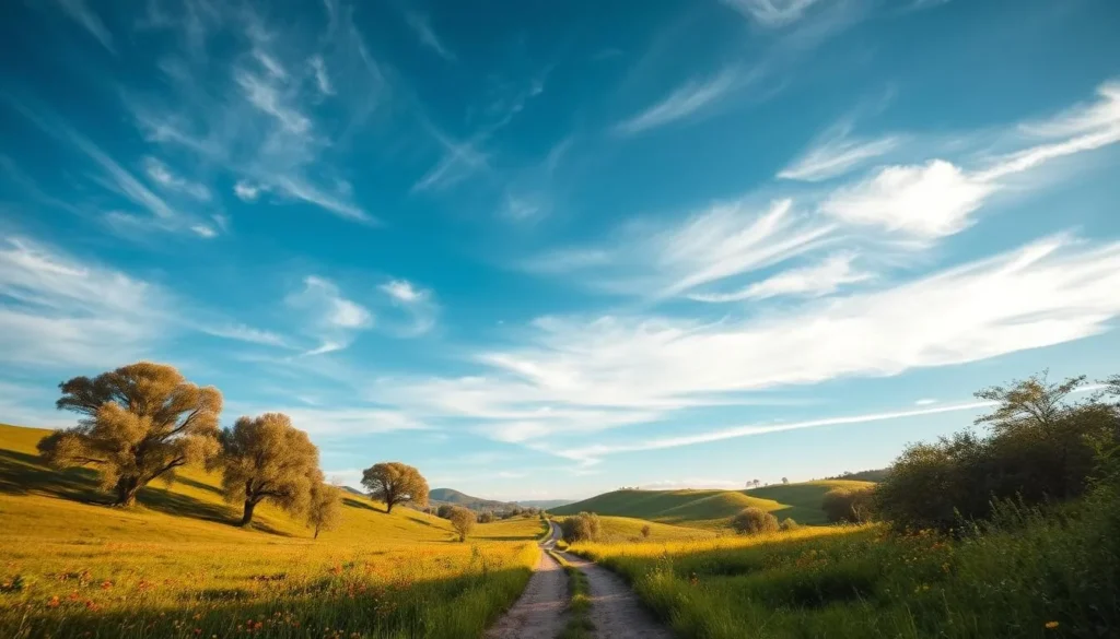 Serene Uruguayan landscape under a vast cerulean sky, with wispy clouds casting gentle shadows across rolling verdant hills. In the foreground, a sun-dappled path winds through a lush meadow, dotted with vibrant wildflowers. Towering eucalyptus trees line the scene, their silvery-green foliage swaying in a soft, refreshing breeze. The atmosphere exudes a tranquil, temperate ambiance, inviting the viewer to immerse themselves in the country's pleasant, weather-friendly climate. Capture this idyllic snapshot of Uruguay's natural splendor, showcasing the nation's alluring weather-savvy appeal.
