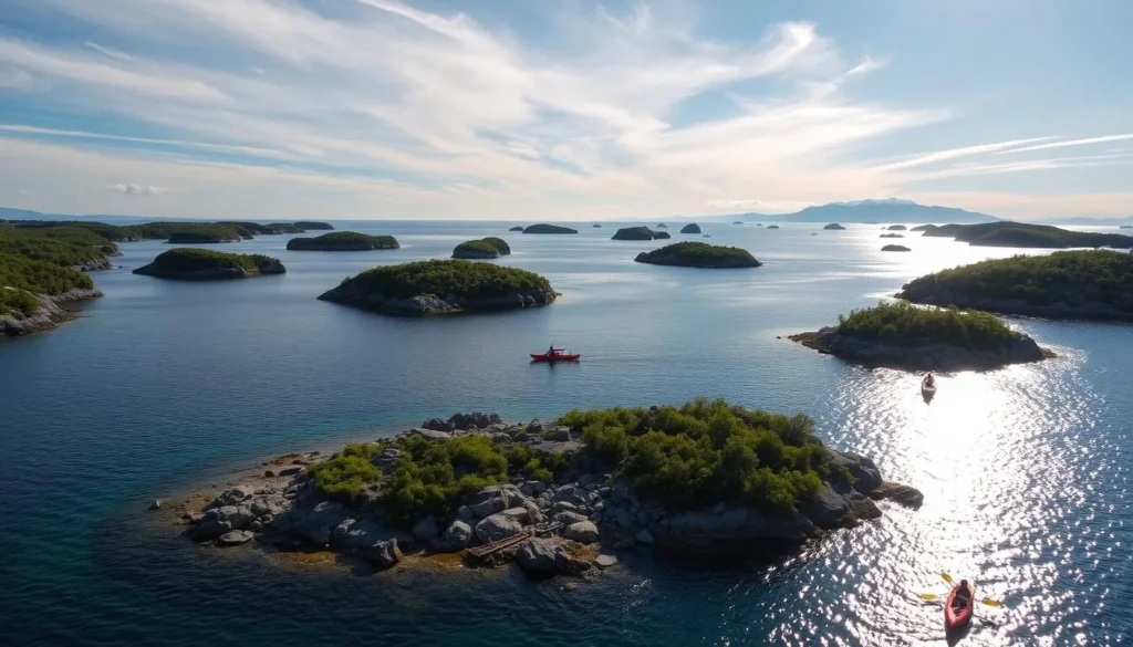 Serene archipelago views, azure waters lapping against rocky islands dotted with lush greenery. Sunlight filters through wispy clouds, casting a warm glow over the tranquil scene. Kayaks and small boats drift lazily between the islets, their occupants enjoying the peaceful solitude. In the distance, a hint of snow-capped mountains rises above the horizon, completing the picturesque landscape. Capture the essence of a perfect summer day in this idyllic Swedish coastal paradise.