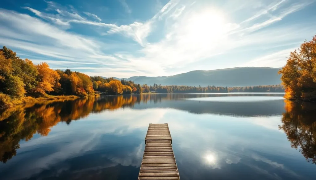 Serene autumn landscape of Sec Reservoir, Czechia. Lush green trees and vibrant fall foliage line the shores, reflecting in the calm, mirror-like waters. Soft sunlight filters through wispy clouds, casting a warm, golden glow over the scene. In the middle ground, a small wooden dock juts out into the reservoir, inviting visitors to enjoy the tranquil surroundings. The background features rolling hills and distant mountains, completing the picturesque vista. A perfect representation of the best time to visit Sec Reservoir, when nature's beauty is on full display.