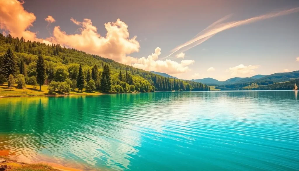 Serene azure waters reflect the lush, verdant hills surrounding the Nove Mlyny Reservoirs, a picturesque landscape in the heart of South Moravia, Czechia. Towering cypress trees line the shores, casting gentle shadows on the tranquil surface. Warm, golden sunlight filters through wispy clouds, illuminating the scene with a soft, ethereal glow. In the distance, small sailboats dot the horizon, their white sails billowing in the gentle breeze. The overall atmosphere conveys a sense of peaceful solitude, inviting visitors to immerse themselves in the natural beauty of this hidden gem.