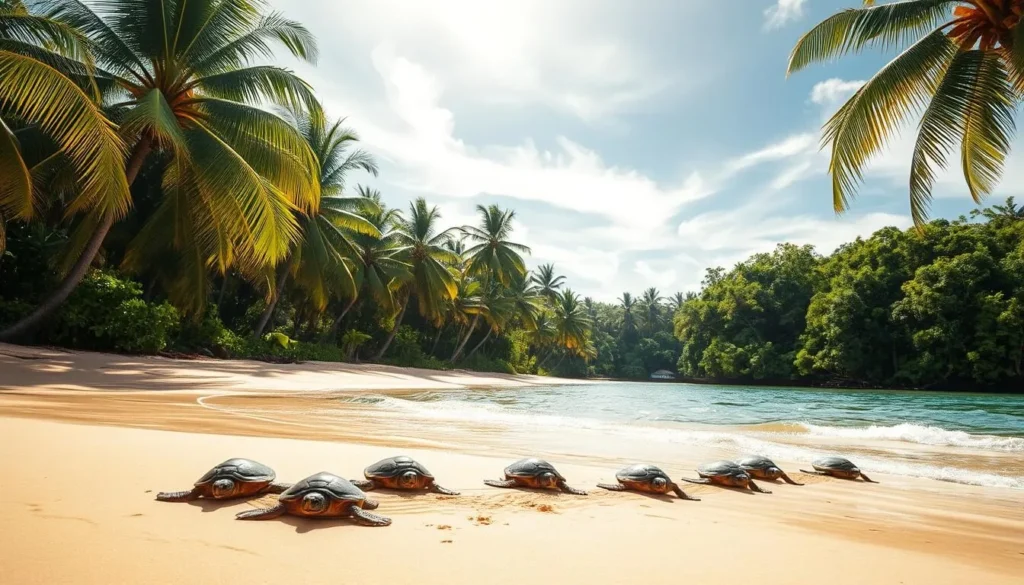 Serene beach in French Guiana, lush palm trees swaying in the gentle breeze. In the foreground, a group of sea turtles emerge from the azure waters, slowly making their way up the golden sand to nest. Sunlight filters through wispy clouds, casting a warm glow over the tranquil scene. The turtles' carapaces glisten as they dig their nests, their movements deliberate and graceful. In the distance, the verdant jungle canopy frames the idyllic tableau, hinting at the wild, untamed nature of this remote corner of South America. A serene, timeless moment captured in vivid detail.