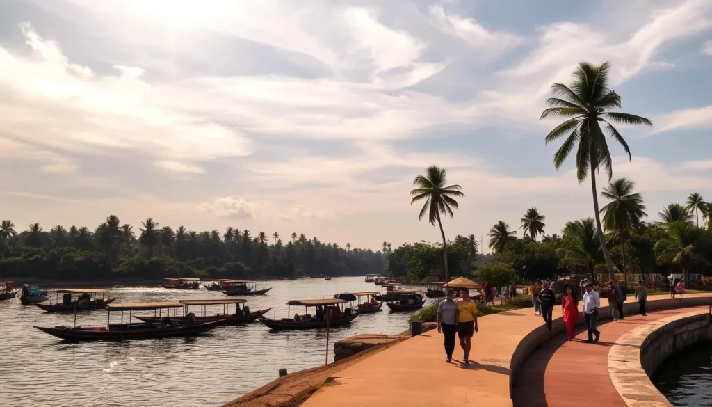 Serene coastal landscape of Kayamkulam, Kerala on a sunny day. Tranquil backwaters with traditional boats, swaying palm trees, and lush greenery in the background. Warm, golden sunlight filters through wispy clouds, casting a gentle glow over the scene. In the foreground, people strolling along a scenic promenade, enjoying the picturesque surroundings. Capture the idyllic atmosphere and vibrant colors that make Kayamkulam an ideal destination to visit.