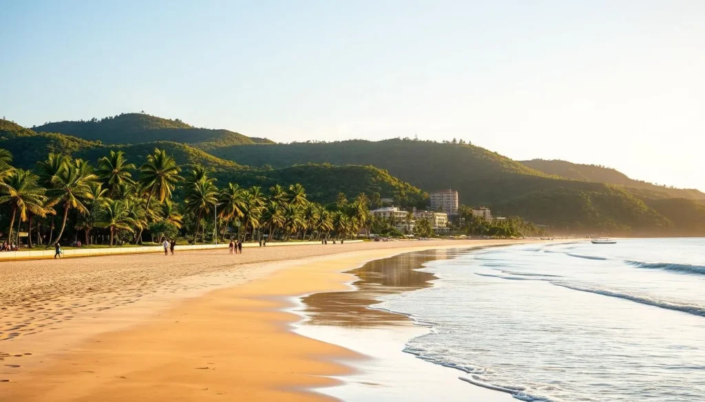 Serene coastal scene of Guaruja, Brazil: a wide sandy beach with gently lapping waves, palm trees lining the shore, and a warm golden sun casting a soft glow over the tranquil landscape. In the middle ground, people strolling along the beachfront promenade, enjoying the pleasant seaside atmosphere. In the background, rolling green hills dotted with lush vegetation provide a picturesque backdrop. Crisp, clear lighting captures the natural beauty of the setting, with a mild, breezy ambiance evoking the relaxed, welcoming spirit of this Brazilian beach town. Serene coastal scene of Guaruja, Brazil: a wide sandy beach with gently lapping waves, palm trees lining the shore, and a warm golden sun casting a soft glow over the tranquil landscape. In the middle ground, people strolling along the beachfront promenade, enjoying the pleasant seaside atmosphere. In the background, rolling green hills dotted with lush vegetation provide a picturesque backdrop. Crisp, clear lighting captures the natural beauty of the setting, with a mild, breezy ambiance evoking the relaxed, welcoming spirit of this Brazilian beach town.