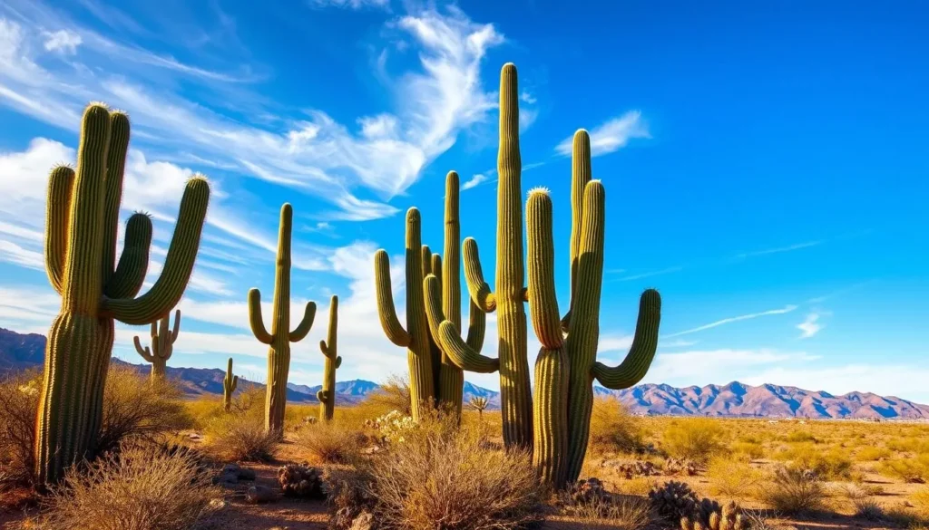 Serene desert landscape with towering saguaro cacti standing tall against a clear azure sky. Warm sunlight filters through wispy clouds, casting gentle shadows across the undulating terrain. In the foreground, a cluster of saguaro cacti with their distinctive arms reaching skyward, their green fluted columns punctuated by white flowers blooming at their tips. The middle ground features a scattering of smaller cacti and desert shrubs, their earthy tones complementing the vibrant greens of the saguaros. In the distance, hazy mountains rise up, creating a picturesque backdrop for this quintessential Arizona desert scene. The overall mood is one of tranquility and wonder, inviting the viewer to bask in the serene beauty of this arid oasis.